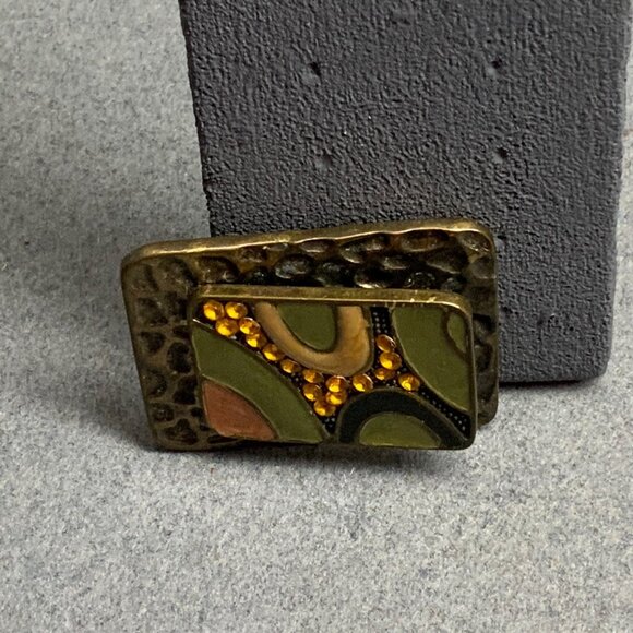 Abstract Hammered Rectangle 2 In As Is Gold Multicolor Amber Rhinestones DIY - Picture 3 of 5